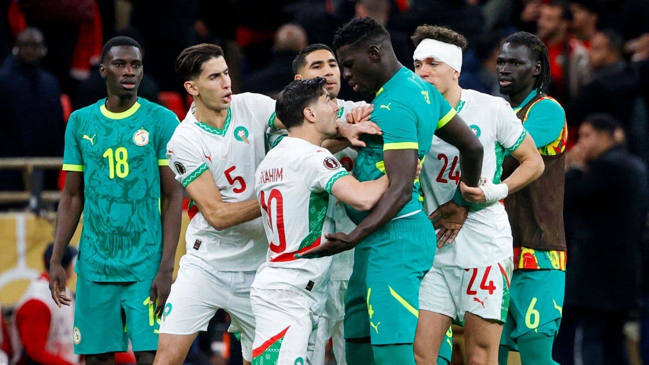 Senegal and Morocco players argue during the AFCON final in Rabat.