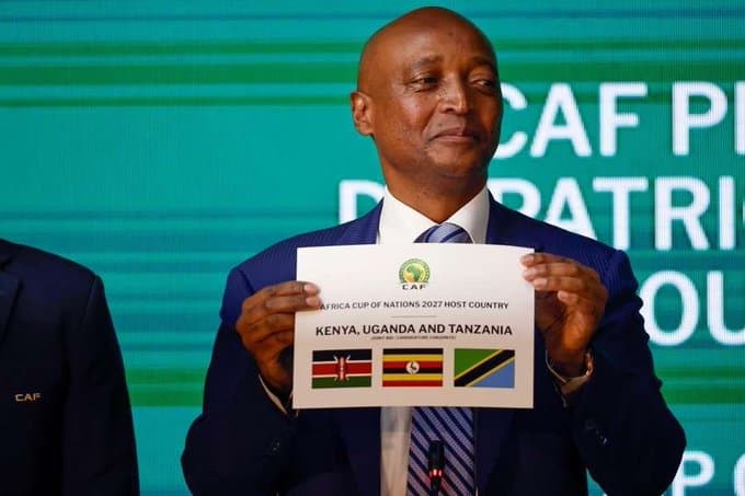 CAF president Patrice Motsepe after Kenya, Uganda and Tanzania won the AFCON 2027 bid